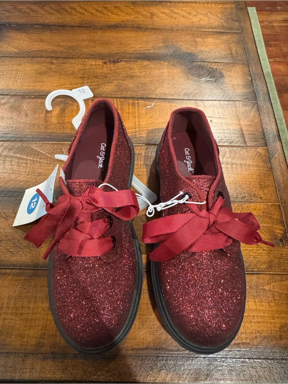 Cat & Jack Red Glitter Lace-Up Flats with Ribbon Laces